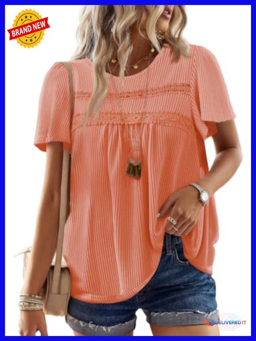 Boho Crochet Ribbed Flowy Short Sleeve Blouse for Women